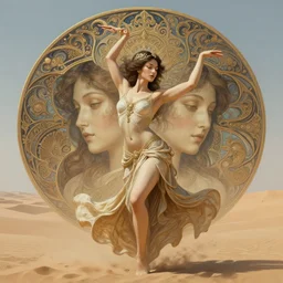 seductive goddess dancing in the desert, symmetrical face, fantasy, surreal, intricate and very beautiful and elegant, highly detailed, digital painting, trending on artstation, concept art, smooth and sharp focus, illustration, art by tan zi and ayanamikodon and alphonse mucha and wlop
