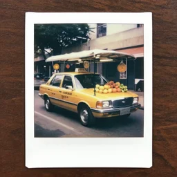 old polaroids of futuristic african taxi as fruit stand