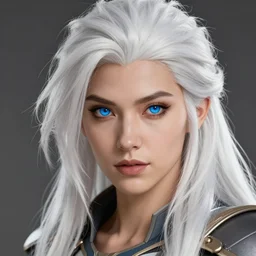 close - up headshot portrait of a gorgeous barbarian woman, white long messy hair and blue eyes, overwatch style, highly detailed, digital art, pixiv fanbox, trending on artstation, ray tracing, volumetric lighting, sharp focus, hq, by artgerm, wlop, greg rutkowski, miyazaki hayao