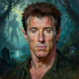 Semi-realistic portrait of sylvester stallone elf with very detailed eyes with face thin style fantasy, in background dark foggy backlit jungle with lake, backlit graveyards and muscular oversized skeleton silhouette backlit, cyan atmosphere , very detailed oil painting by frazetta with visible brushmarks, dramatic clouds , sunset panorama