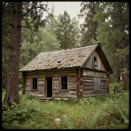 large format photograph old abandoned log cabin in a fantasy forest