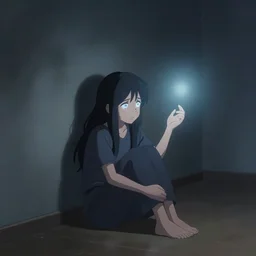 Young Himalayan woman sitting concerned in an empty room with loneliness using psychic powers to make a lighter float| night time scene, plain walls |somber white eyes, long messy hair | gentle lighting, futuristic, dim lighting, digital art by Makoto Shinkai ilya kuvshinov and Wojtek Fus, digital art, concept art,