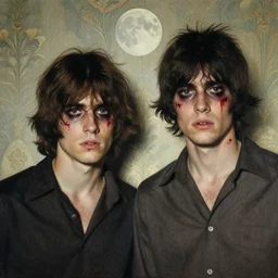 two handsome but sinister young men in layers of fear, with haunted eyes and wild hair, 1 9 7 0 s, seventies, wallpaper, a little blood, moonlight showing injuries, delicate embellishments, painterly, offset printing technique, by coby whitmore, mary jane ansell