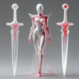 a full body character design by artgerm, greg rutkowski and alphonse mucha. sci - fi dagger. white and red translucent plastic tape project show attctive showgirl!! sci - fi helmet!! sharp edges. contour light effect!!. ultra detailed, elegant, intricate, octane render.
