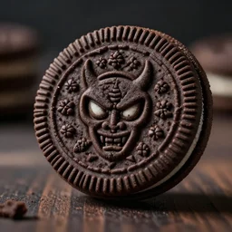 an oreo with the imprint of the devils face on the chocolate cookie, photography, cinematic