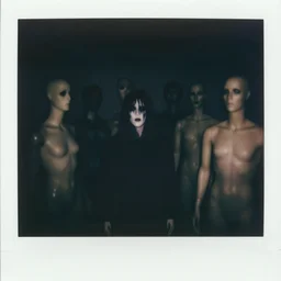 dark room filled with shadowy mannequins with distorted faces, distuburbing, horror, nightmare, terrifying, surreal, nightmare fuel, old polaroid, blurry, expired film, lost footage, found footage,