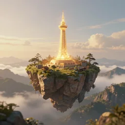 a photo of a floating island with a heavenly glowing tower on it, digital art, golden hour, low depth field, mountains, realistic, detailed, trending on artstation