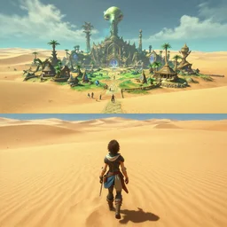 gameplay walkthrough 3 rd person adventure game arriving at the amazing spiritual alien village in the lush oasis of a vast flat empty sand desert with dunes, screenshot, final fantasy, square enix, jrpg, unreal engine, next gen graphics, rtx, cutscene, path tracing, high fidelity, particle effects