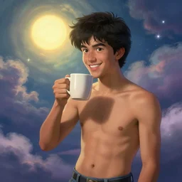 portrait of a ( ( ( una taza de cafe grande y red ) ) ), ( ( futuro hermoso joven miserioso latino macho alegre sin camisa ) ), lleno de nubes y magia, el sol, concept character, by greg rutowski and tezuka and oi and mucha and bierstadt and remington, trending on artstation
