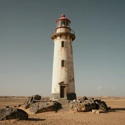 an old lighthouse in the middle of the desert sitting on a rock, post apocalyptic