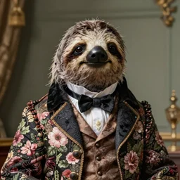 portrait of a sloth wearing a victorian suit, flowerpunk, rococo, baroque, academicism