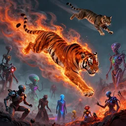 tiger made of smoke, lava and fire flying in the sky ; cat flying in the sky ; panther flying in the sky ; humans being devoured ; aliens, robotic machines, gods, bio - mechanical intelligences, glitch creatures, dmt entity ; lsd art, trending on artstation, style greg rutkowski