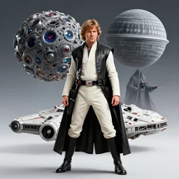 platonic ideal luke skywalker, nazgul mandelbulb, deathstar, millenium falcon, detailed, darth vader, action pose, intricate, volumetric lighting, moebius, dan mumford, alphonse mucha, poster,