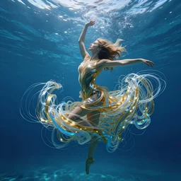 a woman dancing in an underwater landscape has a body made of millions of thin ribbons and threads of translucent gold and blue that are twisting, swirling, and pulling apart in the swift current, caustics lighting blue water from above, highly detailed, fantasy, octane render