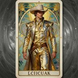 a dramatic ethereal epic symmetrical painting of a handsome cowboy in a silvery gold outfit | chrome background, tarot card, art deco, art nouveau,  (steampunk), homoerotic, realistic | by Dresden Codak, by Mark Maggiori and ((((Alphonse Mucha))) | trending on artstation