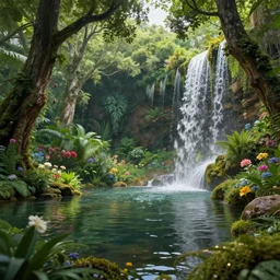 extreme low angle shot of a pond, lush trees, flowers and waterfalls, by james gurney, concept art, intricate, hyper detailed, volumetric lighting, sharp focus, octane render, trending on artstation, 8 k