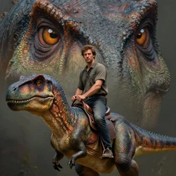 portrait of man riding a dinosaur. extreme fine detail background, highly detailed, detailed eyes, high quality, digital painting, hyperrealistic, by gaston bussiere, j. c. leyendecker, craig mullins