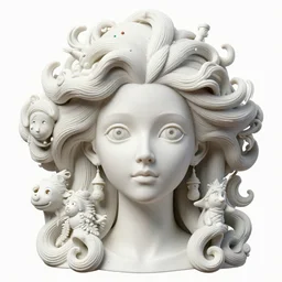 3 d full head and shoulders beautiful white porcelain woman with big eyeballs all through her hair, ornate detailed hair, 3 d swirling hair by theodor seuss geisel and daniel arsham and xiang duan, simon stalenhag john waters, dr seuss kim jung gi, on a white background