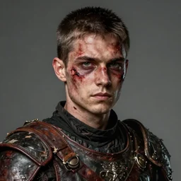 portrait painting of young man with severe burn scars on his face and poorly cut short hair with a severe expression wearing tattered leather armor, ultra realistic, concept art, intricate details, eerie, highly detailed, photorealistic, octane render, 8 k, unreal engine. art by artgerm and greg rutkowski and charlie bowater and magali villeneuve and alphonse mucha