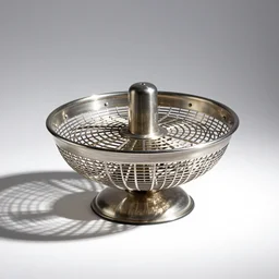mid-century salad spinner, commercial catalog photo, isolated on a pure white background, centered, entire object in frame, sharp focus, soft studio lighting