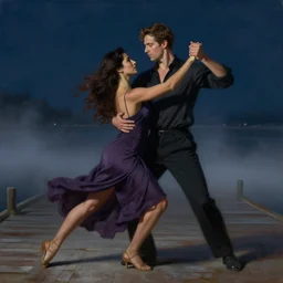 A brunette Colombian woman and a Caucasian man dance on a misty pier at midnight, sensual, romantic, oil painting