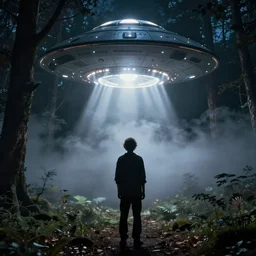 stand by me river phoenix looking at a ufo, night time forest with a ufo in the fog, scary, matte detailed photo, DeviantArt, Artstation, by donato giancola, ralph horley, loish, ufo lighting