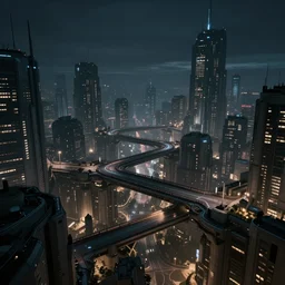 at night, dimmed lights, rooftops are connected by bridges in a metropolis, magnificent, ultrawide shots, sci-fi, fantasy, future, cinematic, trending on artstation, UE5, realistic, photography, rtx on