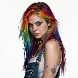 realistic attractive grungy woman with rainbow hair, drunk, angry, soft eyes and narrow chin, dainty figure, long hair straight down, torn overalls, basic white background, side boob, tattooed, pierced, smiling, wet shirt, wet, raining, highly detailed face, realistic face, beautiful detailed eyes, fantasy art, in the style of greg rutkowski, illustration, epic, fantasy, intricate, hyper detailed, artstation, concept art, smooth, sharp focus, ray tracing, vibrant,
