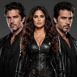 portrait, Salma Hayek , barbarian , dressed in tattered black leather , face portrait, raphael lacoste, eddie mendoza, alex ross, concept art, matte painting, highly detailed, rule of thirds, dynamic lighting, cinematic, detailed, denoised, centred