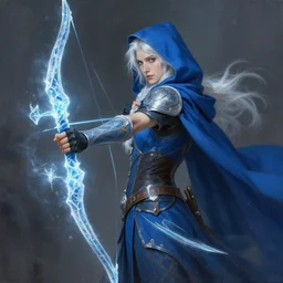 ashe, the frost archer, white hair, glowing ice bow, blue hood and cape, highly detailed painting by gaston bussiere, craig mullins, j. c. leyendecker 8 k