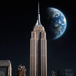 The empire state building on the moon, dark atmosphere, earth in the sky