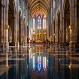 a cathedral for the god of symmetry, floor mirroring, inside view, giant hall, floor is a mirror, highly detailed, colorful photorealistic Octane render, dramatic