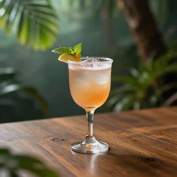 5 5 mm photo of best cocktail on a wooden table. dof. bokeh. magical atmosphere with tropical leaves and trees. art by greg rutkowski. highly detailed 8 k. intricate. lifelike. soft light. nikon d 8 5 0.