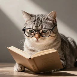 ultra-realistic photo of the cat in glasses reading a book