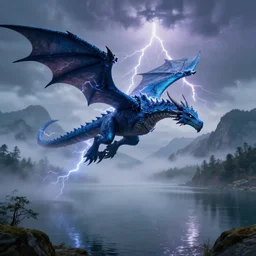 blue lightning dragon flying over big lake, misty fog, mountains in background, thunder and lightning, dungeons and dragons, highly detailed, digital illustration