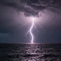 lighting strikes over rough ocean, rainy, weather, dark, photorealistic, national geographic