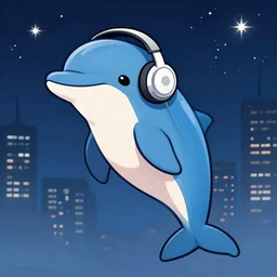 An anthropormorphic dolphin fursona with headphones and a tail, with a star-filled night skyline in the background. cool color scheme, digital art