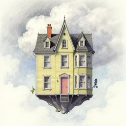 ultra detailed pencil and watercolors and digital illustration of house in sky by wes anderson, tim burton, tomm moore, jean pierre jeunet ; 4 k 8 k hd high resolution ;