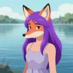 a girl with fox ears and purple hair wearing a simple sundress, this fox girl has a pronounced snout and two pointed black ears, beautiful lake background, illustration by greg rutkowski, thomas kindkade, loish, artstation, furaffinity, deviantart