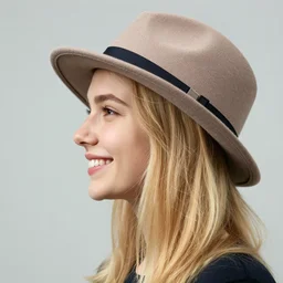 portrait of a smiling 2 0 - year - old woman with angle lost profile nails pretty face, medium yellow blond hair, character with a hat, hair comes out of the hat a little