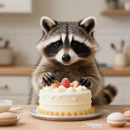 an anthropomorphized raccoon baking a cake