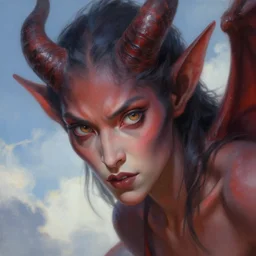 gentle demon, wonderful eyes, painting, high detail, digital painting, smooth, beautiful angle, clear focus, illusion, ultra - realistic, demon against angle, heaven against hell, 8 k, strong and powerful confident angle artgerm, greg rutkowski and alphonse mucha