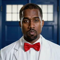 kanye west as the doctor! with red bowtie!! in doctor who, doctor who, tardis!! tardis! movie still, detailed face, cinematic lighting, ray tracing, octane render, long lens, shallow depth of field, bokeh, anamorphic lens flare, 8 k, hyper detailed, 3 5 mm film grain