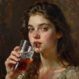 beautiful young woman in soda water, in the style of irakli nadar, stern, warm, oil paiting, deep mood, hyperrealism, epic and cinematic, roger deakins on cinematography