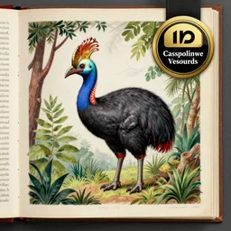 medieval book illustration of a cassowary in its natural habitat, museum collections, art collection, historical, award winning, handpainted, masterpiece