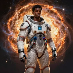handsome black man in an advanced spacesuit in front of exploding nebulae halos, digital illustration trending on artstation by artgerm and rutkowski
