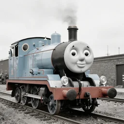 WW2 era photograph of a rail artillery with Thomas the Tank Engine's face