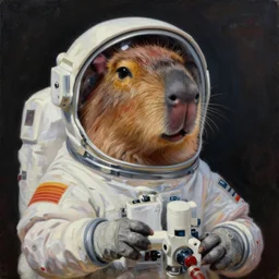 beautiful detailed and adorable portrait of a happy capybara astronaut in a spacesuit, super cute, new contemporary, pop surrealism, oil painting, by eugene de blaas