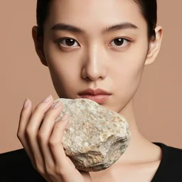 extremely detailed studio closeup portrait of a fashion model holding a rock. surreal photograph, lo - fi, polished look, solid background, silly and serious, hermes ad, fashion photography, toiletpaper magazine by pierpaolo ferrari and maurizio cattelan, 3 5 mm photograph, colourful, david lachapelle, canon eos c 3 0 0, 8 k, medium - format print