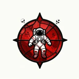 minimal logo of red & black stained glass with an astronaut in the middle and occult alien symbols written in the background, symmetrical composition